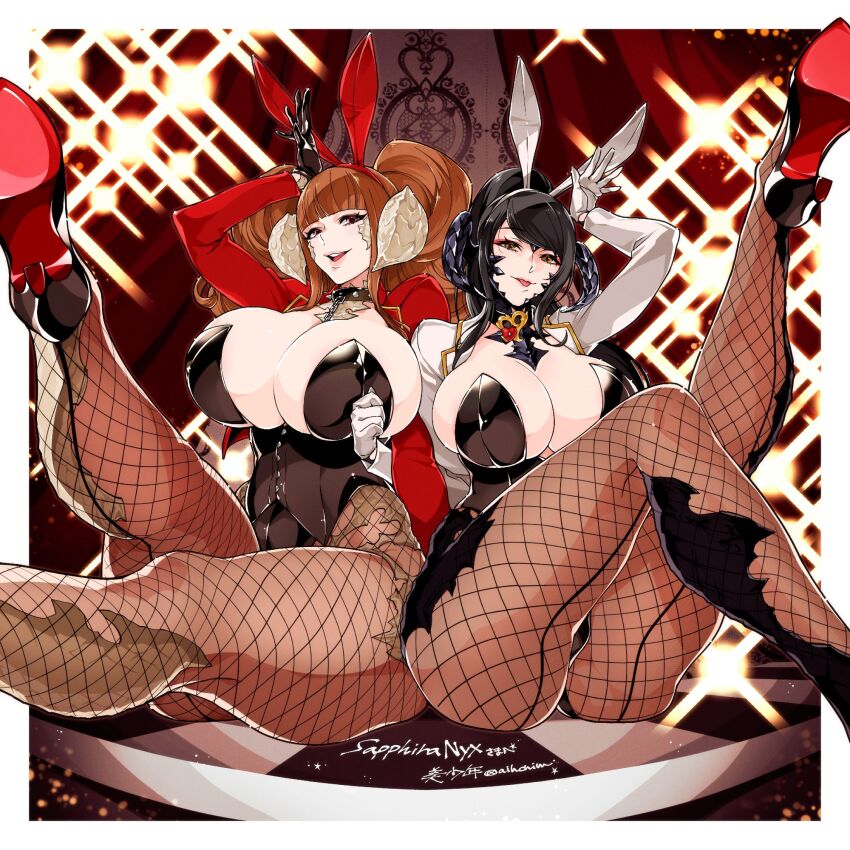 2girls, animal_ears, au_ra, black_gloves, black_hair, black_leotard, black_shoes, breasts