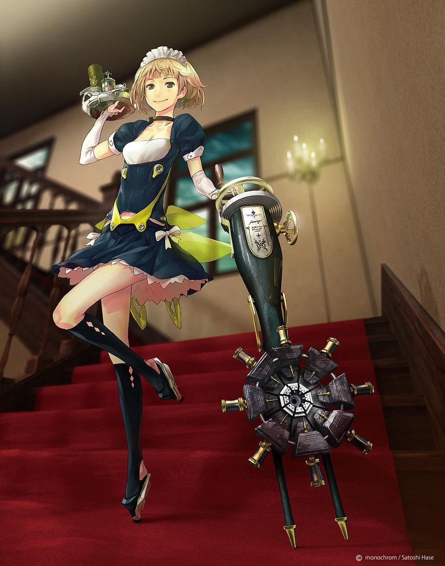 10s, 1girl, beatless, blonde_hair, bow, breasts, bridal_gauntlets, brown_eyes, cleavage, female_focus, light_smile, maid, maid_headdress, redjuice, satoshi_hase, saturnus_(beatless), short_hair, short_sleeves, skirt, solo, stairs, tray