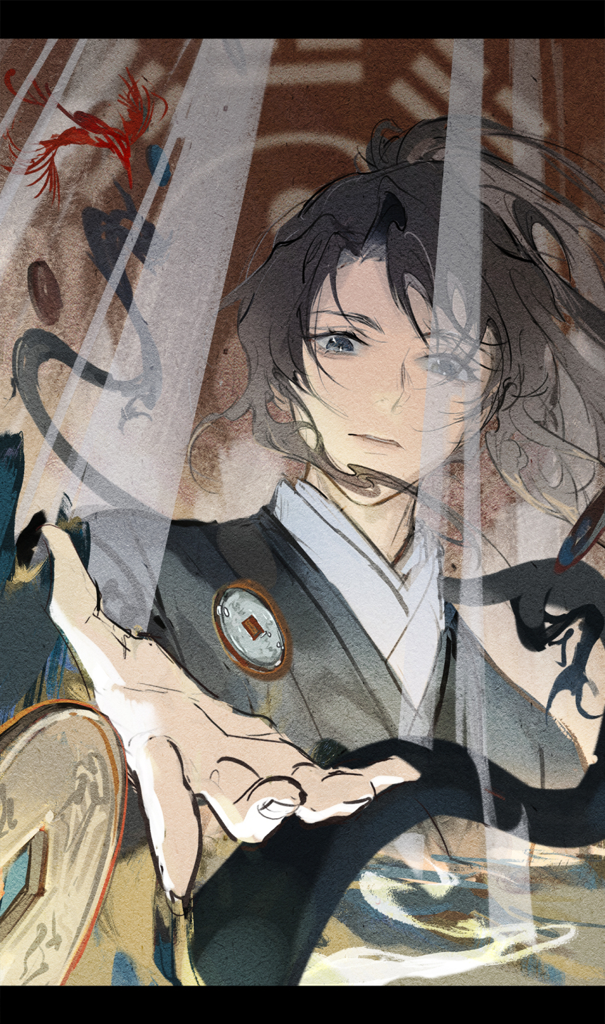 1boy, bagua, black_hanfu, brown_hair, cheng_qian, chinese_clothes, chinese_commentary, coin