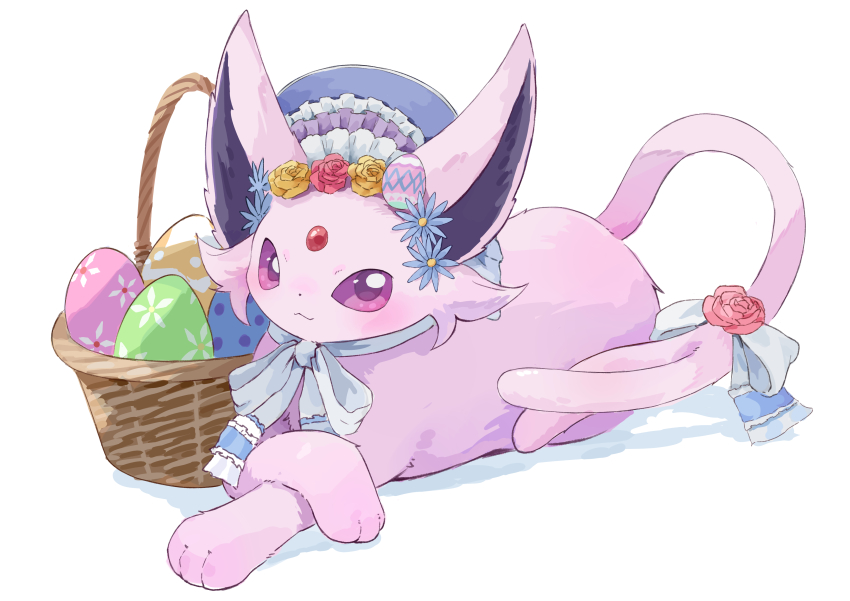 absurdres, animal_focus, basket, blush, bonnet, closed_mouth, easter, easter_egg