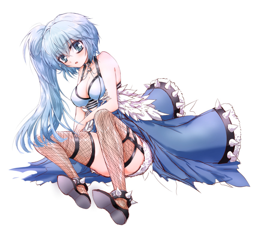 1girl, alternate_color, anklet, black_shoes, blue_coat, blue_eyes, blue_hair, blue_sports_bra