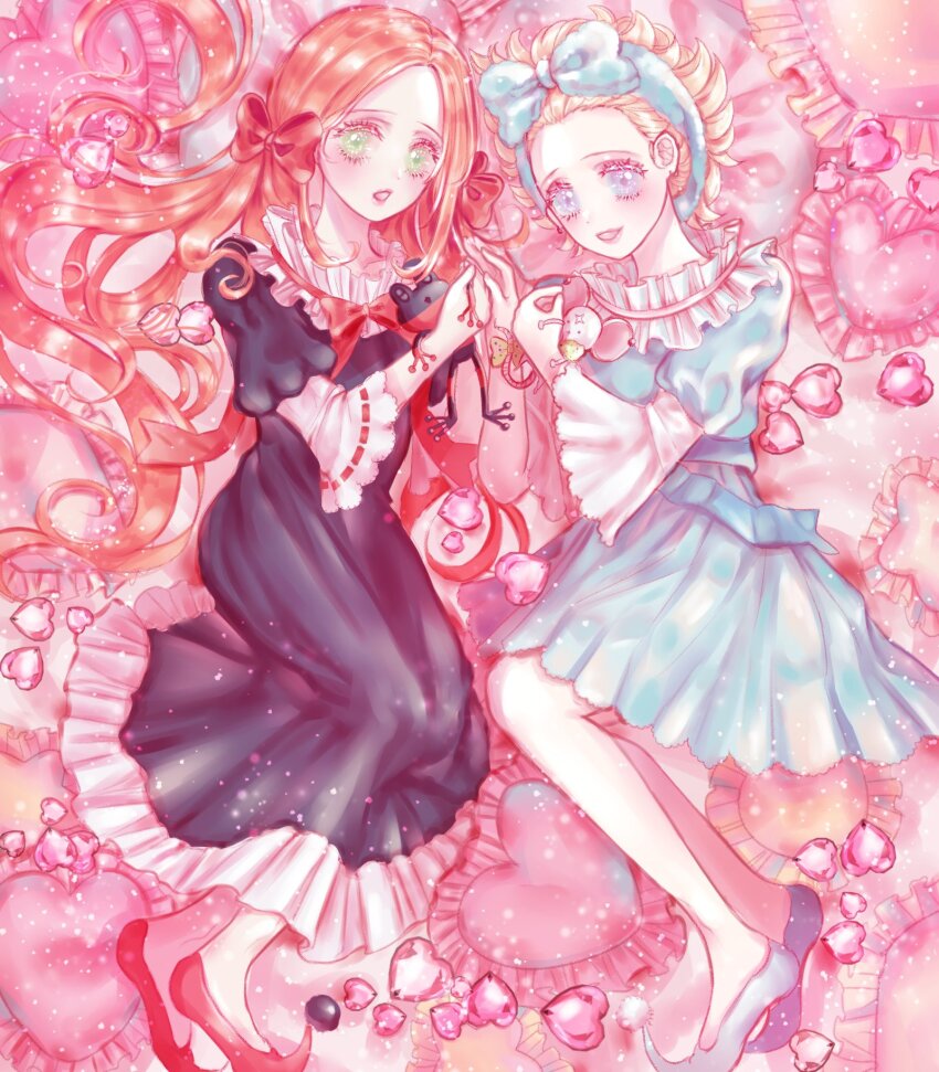 2girls, blanca_(sugar_sugar_rune), blonde_hair, blue_eyes, blue_headband, blue_pajamas, bow, chocolat_meilleure