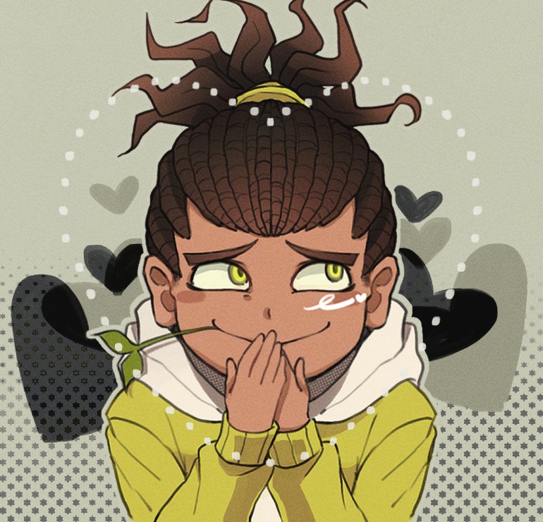 1boy, anaizzzen, braid, brown_hair, covering_own_mouth, dark-skinned_male, dark_skin, hair_tie