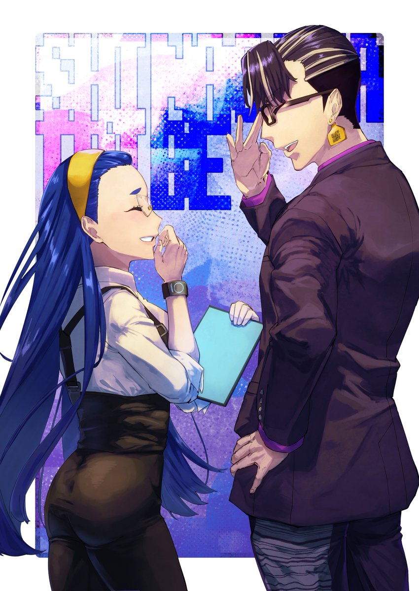 1boy, 1girl, adjusting_eyewear, black-framed_eyewear, black_hair, black_jacket, black_pants, blue_hair