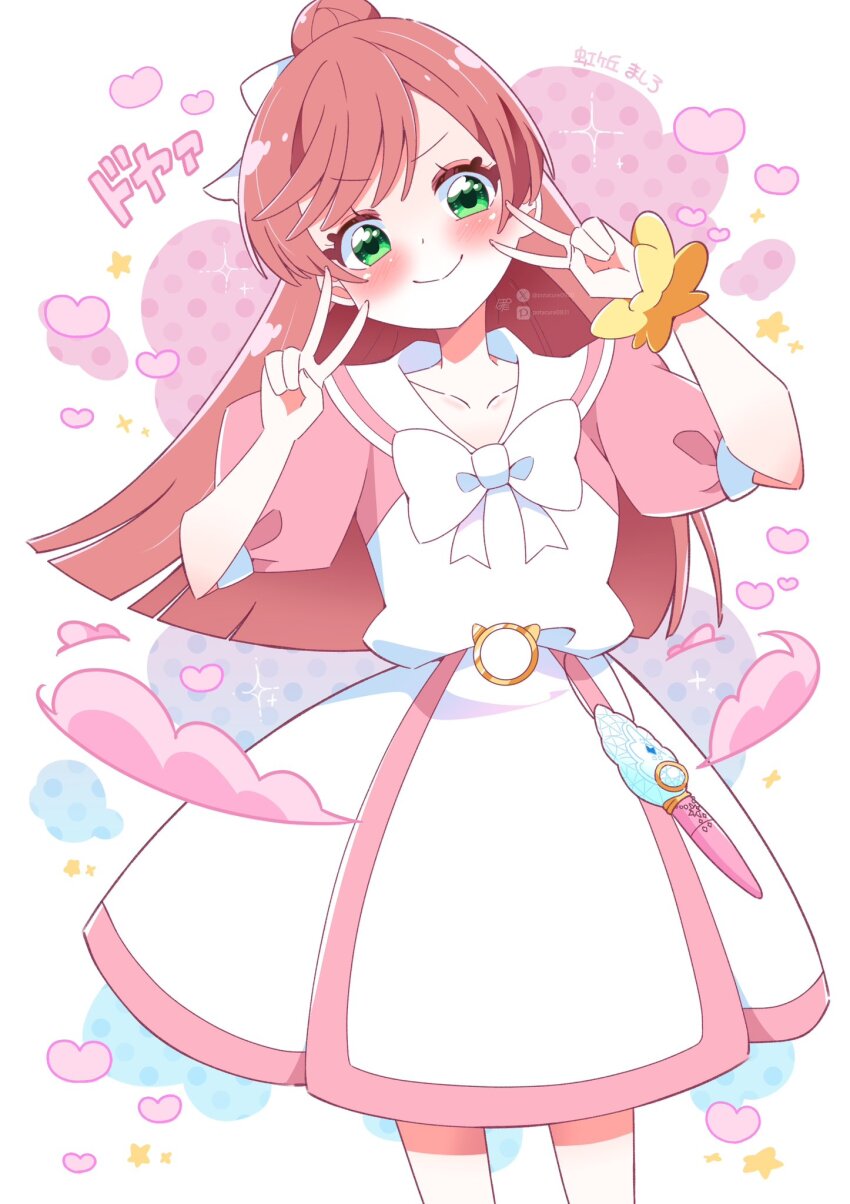 bow, bowtie, dress, green_eyes, hair_bun, highres, hirogaru_sky!_precure, multicolored_dress