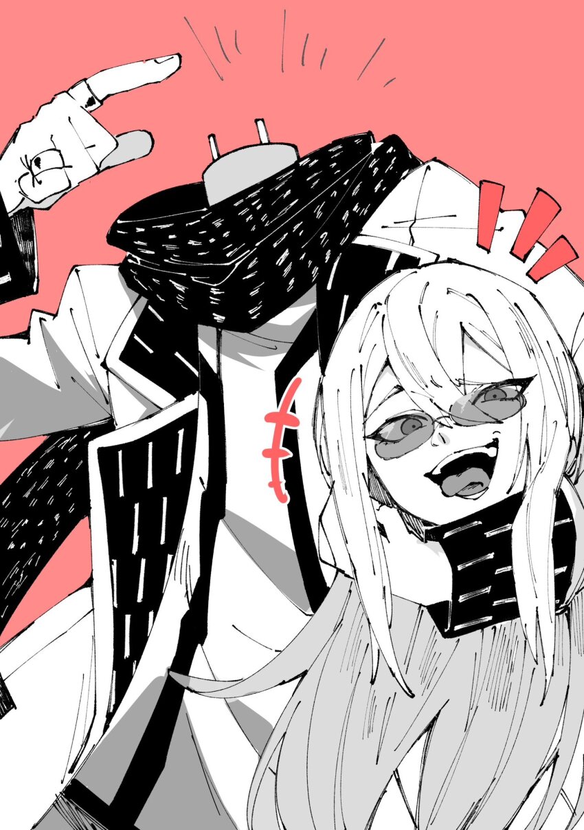 1boy, android, disembodied_head, glasses, greyscale_with_colored_background, hand_up, highres, holding_detached_head