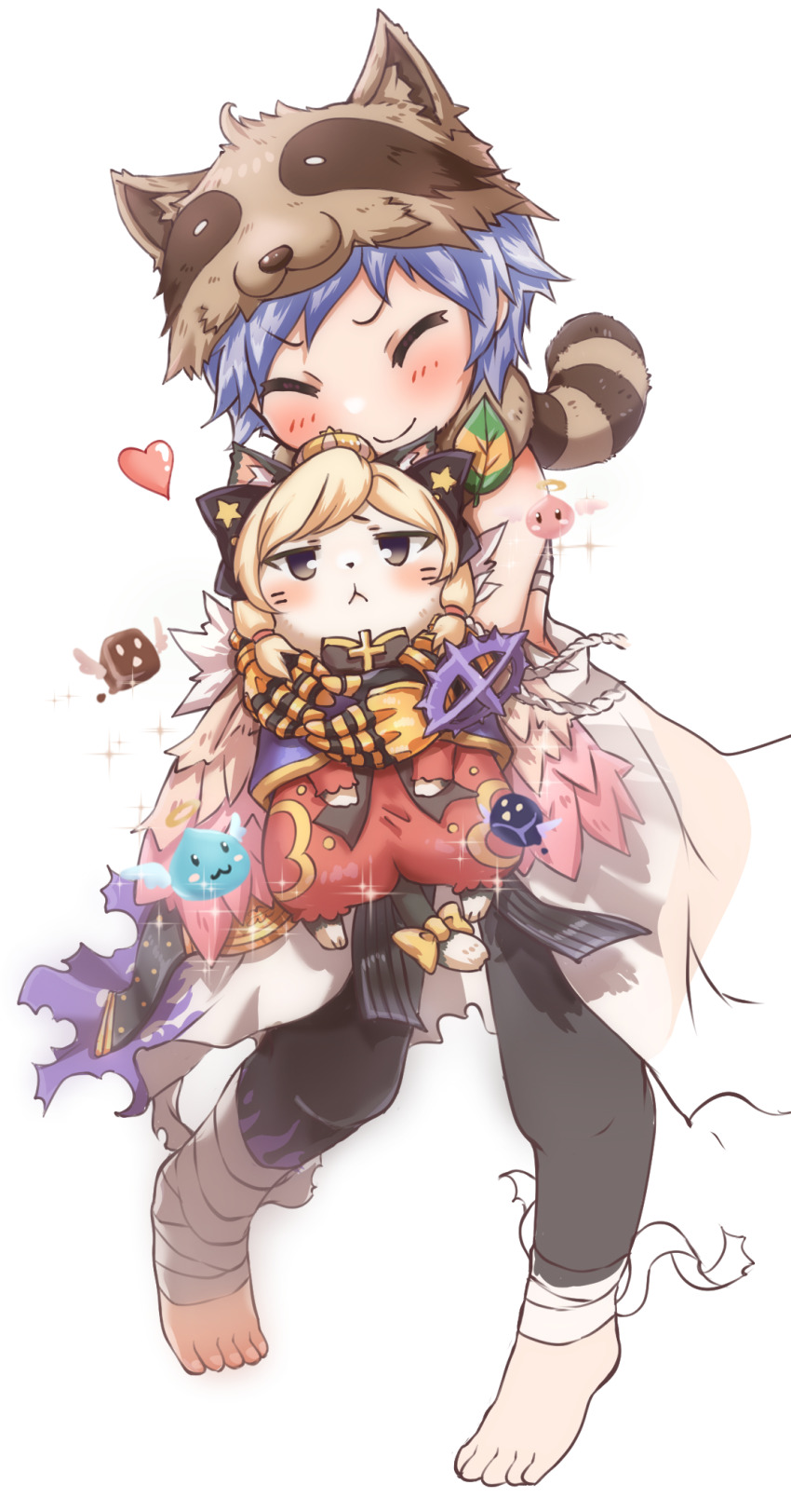 2girls, angeling, animal_ears, archangeling, barefoot, black_gloves, black_pants, blonde_hair