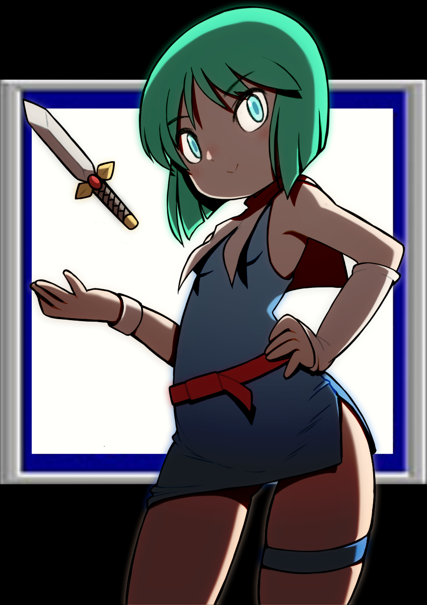 1girl, aqua_hair, arm_warmers, beeru_(veil8801), belt, blue_dress, blue_eyes, breasts