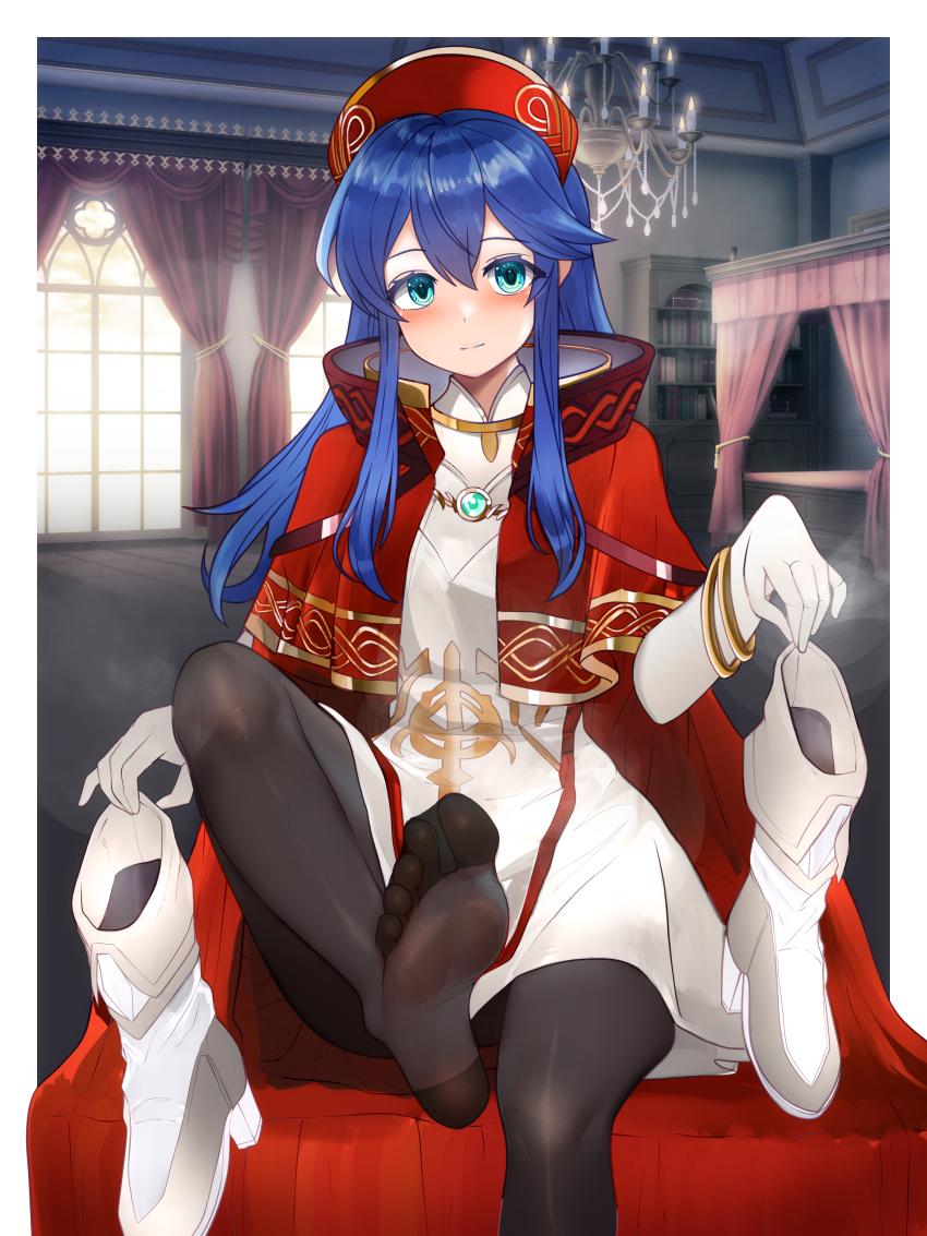 1girl, absurdres, bed, black_pantyhose, blue_eyes, blue_hair, blush, boots, bracelet, breasts, canopy_bed, chandelier, closed_mouth, commission, dress, feet, fire_emblem, fire_emblem:_the_binding_blade, foot_focus, gloves, hair_between_eyes, hat, high_heels, highres, holding, holding_boots, holding_footwear, holding_unworn_clothes, jewelry, lilina_(fire_emblem), lilina_(firelight_leader)_(fire_emblem), long_hair, looking_at_viewer, lumina414, nintendo, no_shoes, pantyhose, pixiv_commission, red_hat, red_robe, robe, sitting, small_breasts, smell, soles, solo, steam, toes, unworn_boots, white_boots, white_dress, white_gloves, window_shadow
