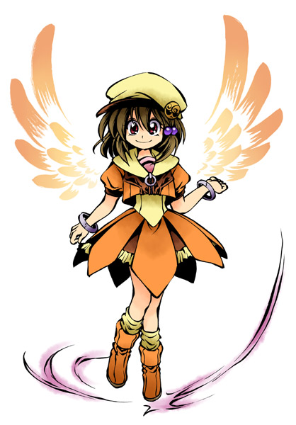 1girl, ^^^, aine_(hoshi_wo_miru_hito), angel_wings, boots, bracelet, brown_eyes, brown_hair