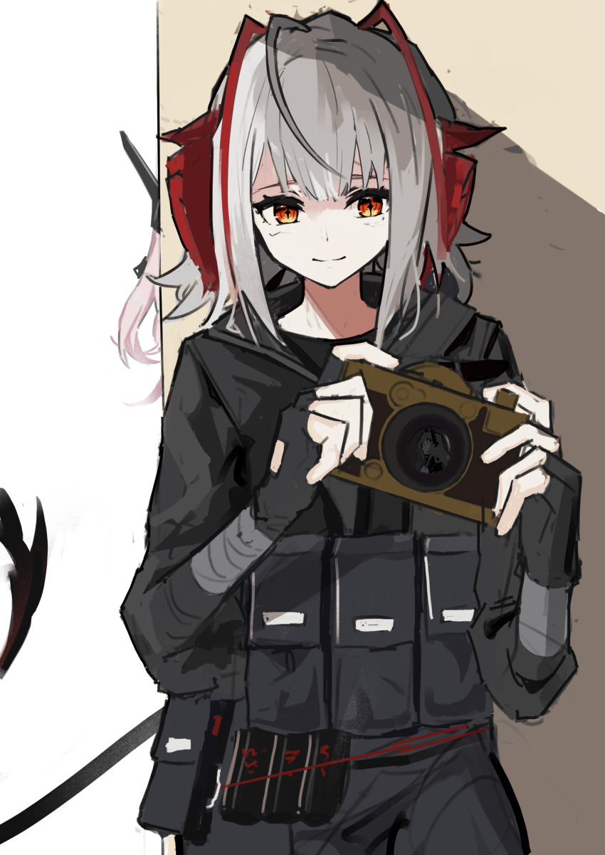 2girls, absurdres, antenna_hair, arknights, black_gloves, black_jacket, black_tail, camera