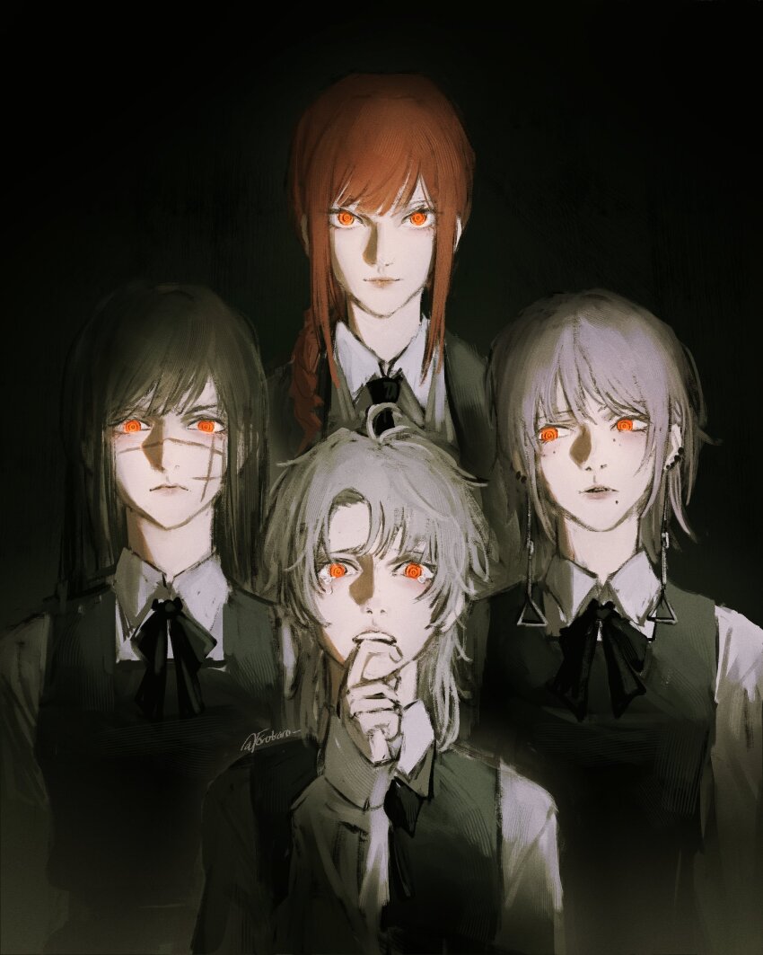4girls, absurdres, biting_own_finger, black_background, black_dress, black_hair, chainsaw_man, collared_shirt