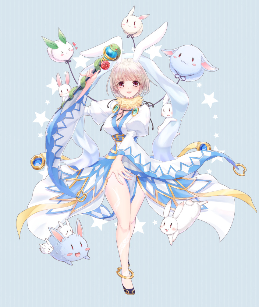 1girl, animal_ears, anklet, balloon, black_shoes, blue_background, blue_gem, blush