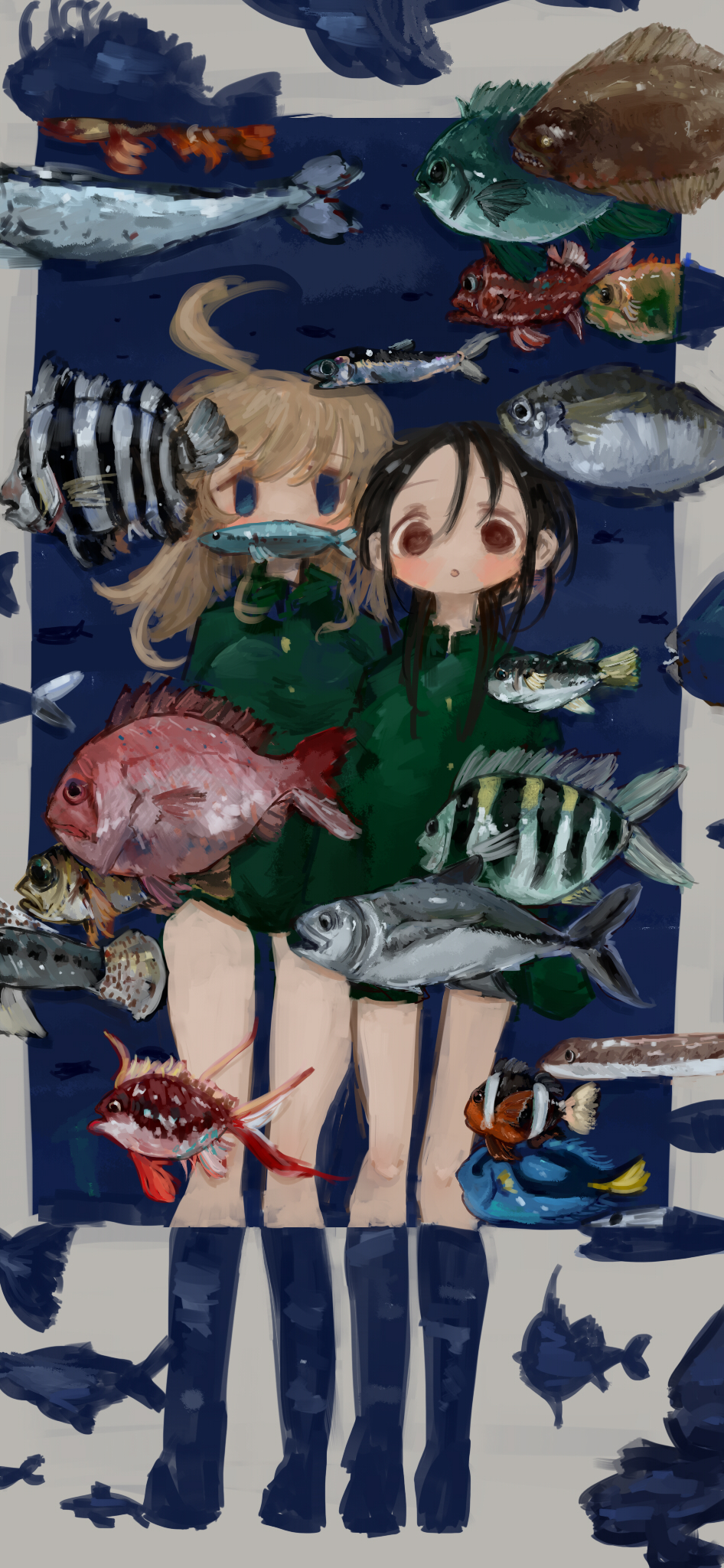 2girls, ahoge, animal_focus, bare_legs, black_hair, blonde_hair, blue_background, blue_eyes