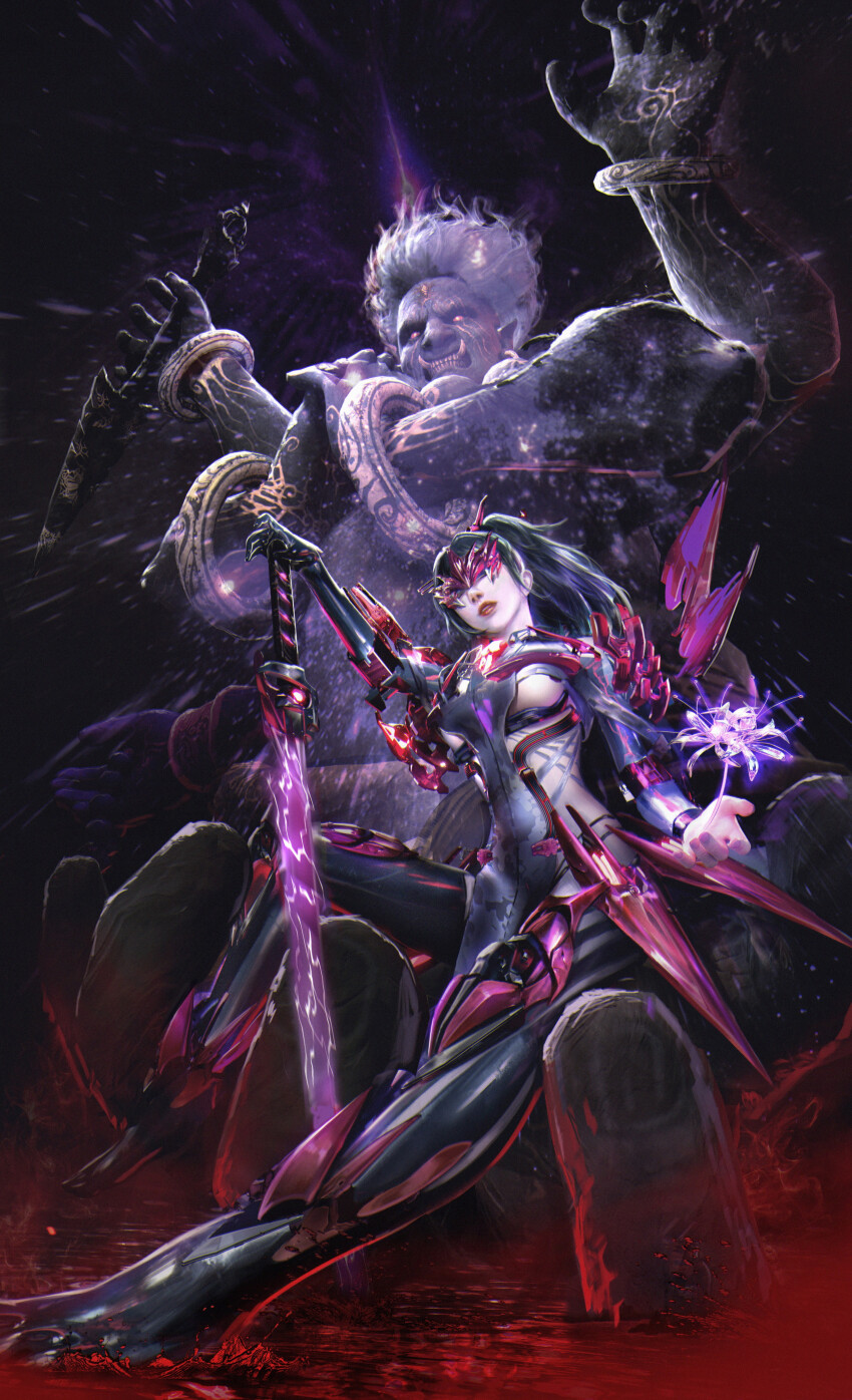 1boy, 1girl, absurdres, black_background, black_hair, blood, bracelet, breasts