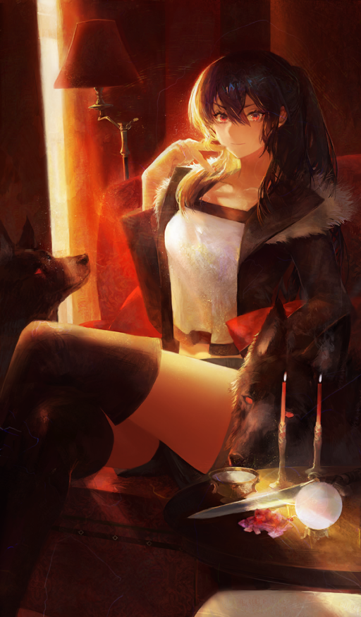 1girl, animal, black_boots, black_jacket, blue_shorts, boots, breasts, candle
