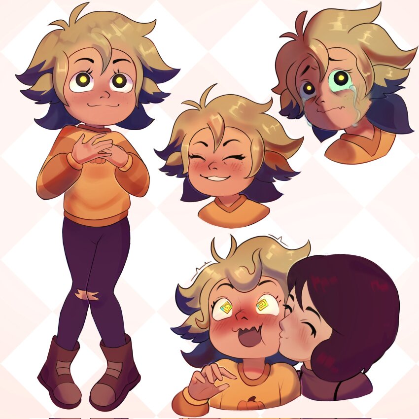 1girl, 1other, @_@, amba_si, bird, black_eyes, blonde_hair, blue_hair, boots, brown_hair, closed_eyes, full_body, hand_on_own_chest, highres, kiss, kissing_cheek, long_sleeves, masha_(the_owl_house), open_mouth, owl, pants, sad, short_hair, smile, surprised, sweater, tears, teeth, the_owl_house, vee_(the_owl_house), wavy_mouth, yellow_pupils, yellow_sweater