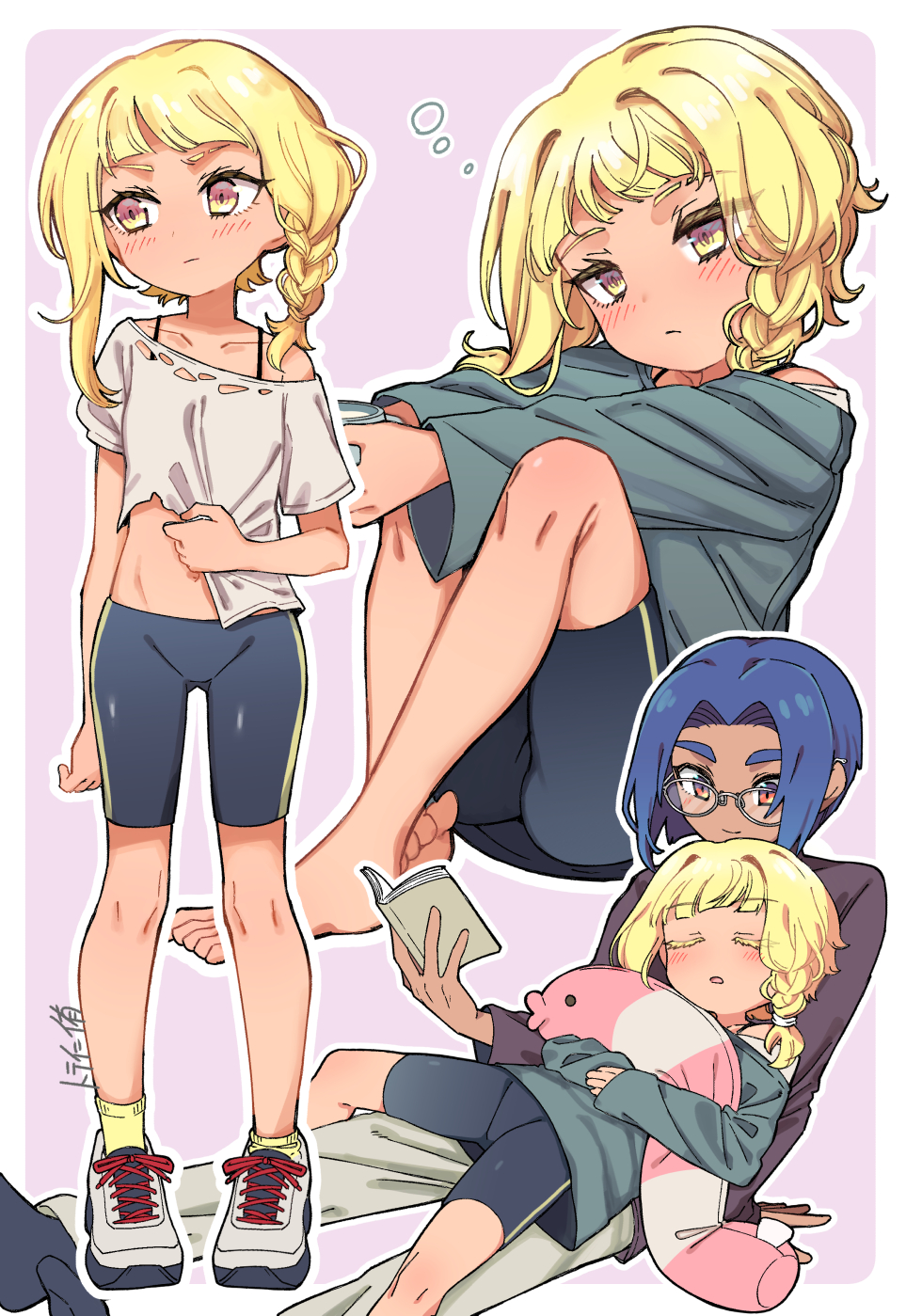 1boy, 1girl, barefoot, bike_shorts, black_shorts, blonde_hair, blush, book