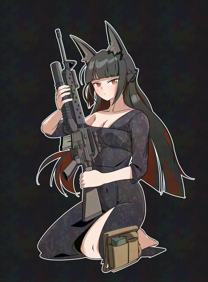 1girl, absurdres, alternate_costume, animal_ear_fluff, animal_ears, assault_rifle, black_hair, black_pants, black_shirt, breasts, commentary, english_commentary, fox_ears, grenade_launcher, gun, highres, holding, holding_gun, holding_weapon, hoshimi_miyabi, large_breasts, long_hair, m16, m16a1, m203, midriff, nyagurisushi, pants, red_eyes, rifle, shirt, single_bare_shoulder, solo, underbarrel_grenade_launcher, weapon, zenless_zone_zero