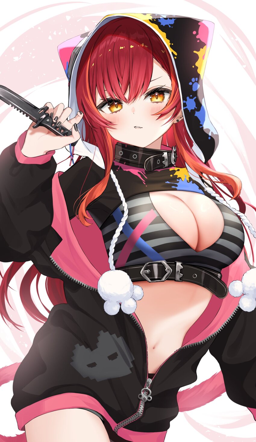 1girl, absurdres, animal_ear_hood, animal_hood, belt, belt_collar, black_belt, black_collar