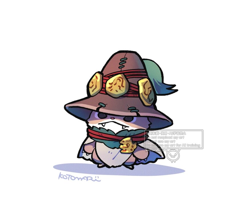 black_eyes, brown_hat, claws, closed_mouth, fangs, full_body, grey_cloak, hat