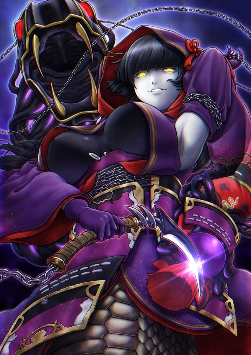 1girl, armpits, black_hair, blunt_bangs, breasts, chain, detached_sleeves, duel_monster