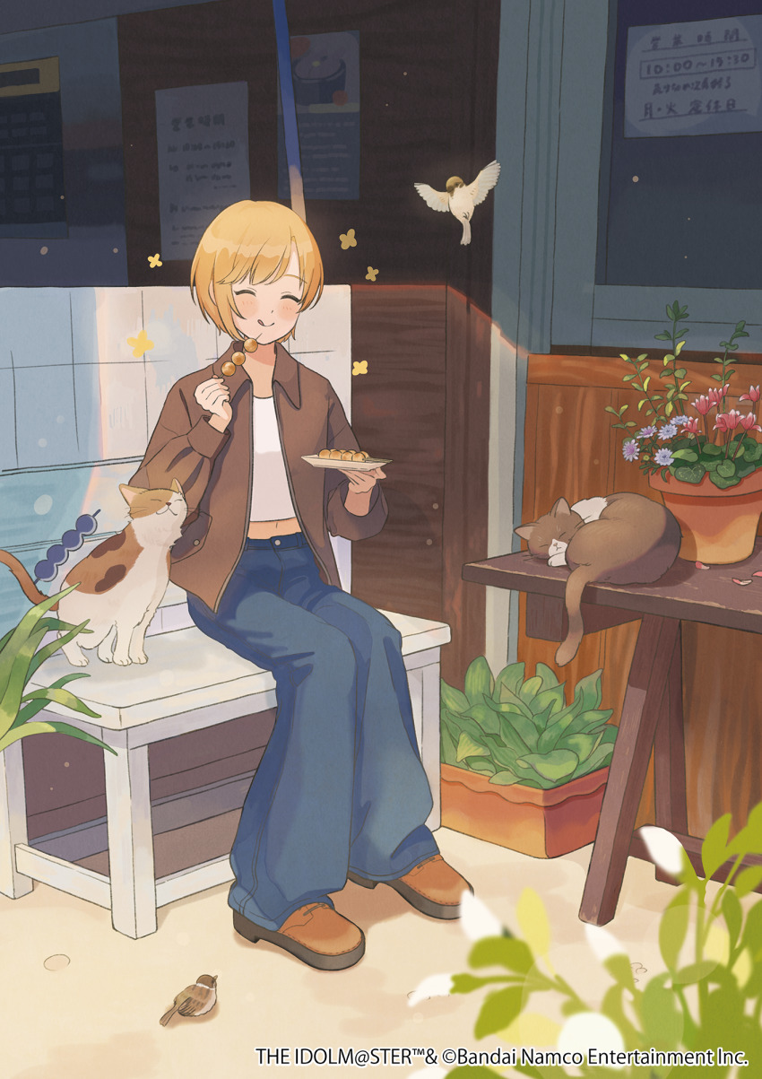 1girl, :q, aiba_yumi, animal, bird, black_cat, blonde_hair, blue_pants