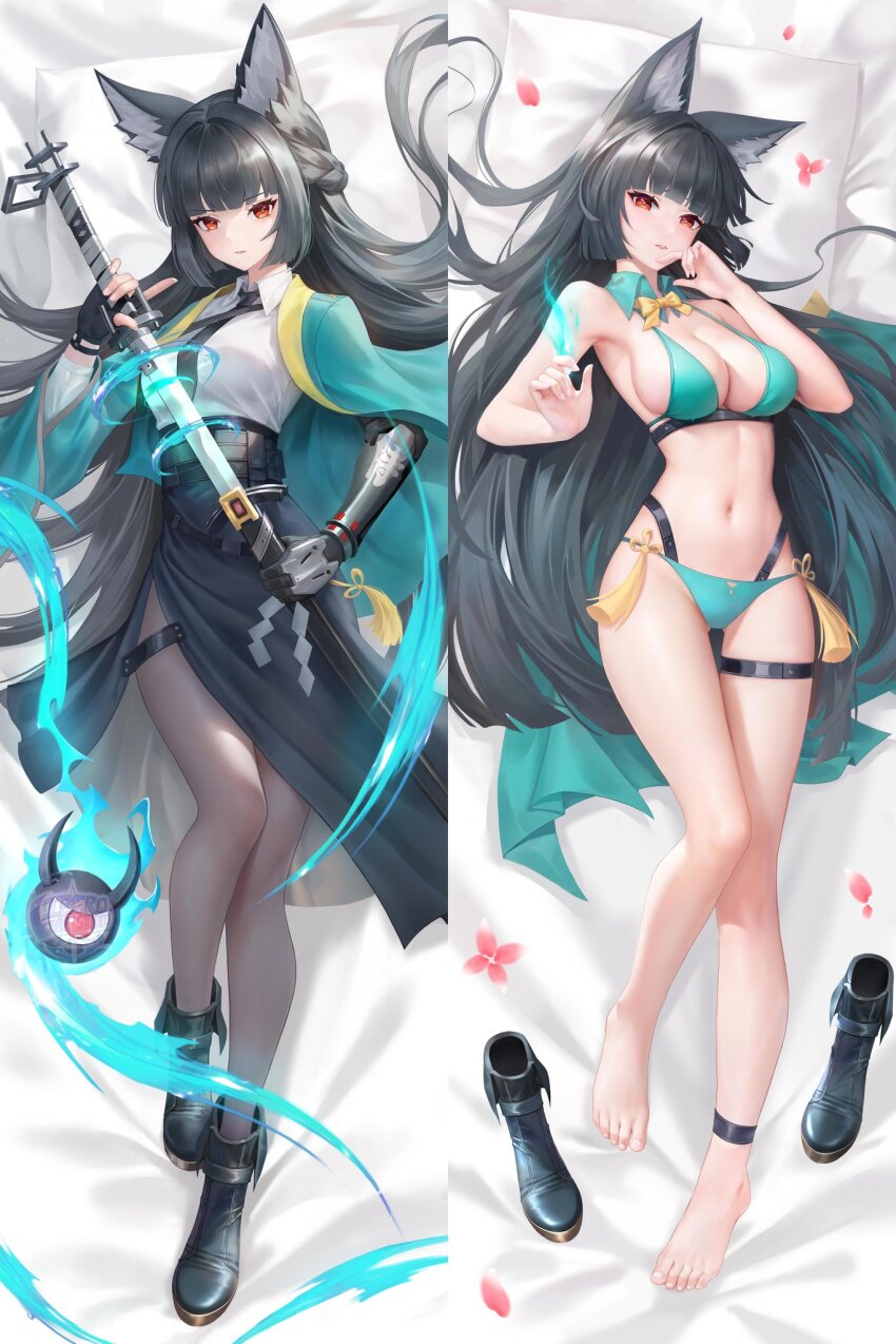 1girl, animal_ear_fluff, animal_ears, ankleband, barefoot, black_gloves, black_hair, black_necktie