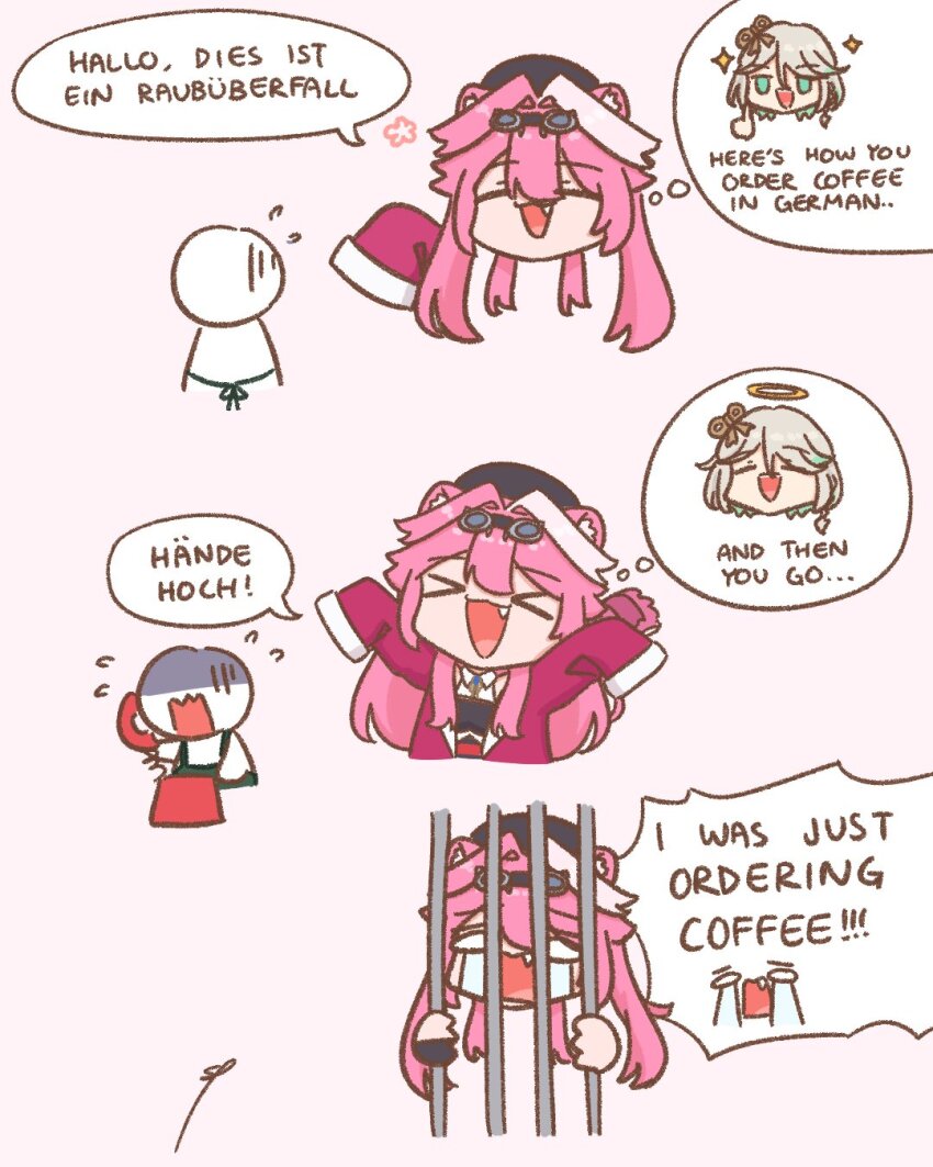>_<, 2girls, :d, ^_^, animal_ears, arms_up, bars, beret, cecilia_immergreen, closed_eyes, commentary, english_commentary, english_text, fang, german_text, goggles, goggles_on_head, green_eyes, grey_hair, hair_intakes, halo, hat, highres, hololive, hololive_english, long_hair, multicolored_hair, multiple_girls, open_mouth, panther_ears, panther_girl, panther_tail, pink_hair, prison, raora_panthera, sappysque, short_hair, smile, streaked_hair, tail, tears, translated, virtual_youtuber, white_hair, winding_key, xd