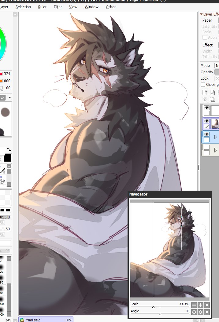 1boy, animal_ears, art_program_in_frame, ass, bara, biceps, black_fur, black_hair