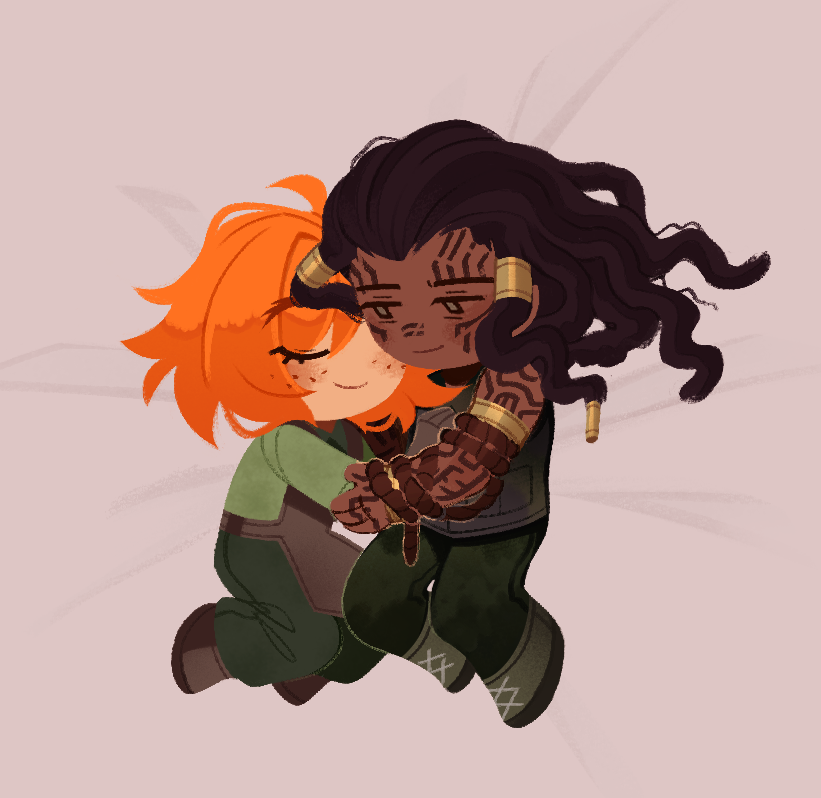 2girls, apron, armband, bed_sheet, blush, brown_apron, brown_hair, brown_shoes, collared_shirt, dark-skinned_female, dark_skin, dreadlocks, facial_tattoo, freckles, full-body_tattoo, full_body, green_eyes, green_pants, green_shirt, grey_vest, hair_tubes, hug, ishmael_(project_moon), ishmael_(the_pequod)_(project_moon), limbus_company, lying, metal_hair_tubes, multiple_girls, nastyasomik, no_nose, no_sclera, on_side, orange_hair, pants, project_moon, queequeg_(project_moon), rope, shirt, shoes, short_hair, smile, tattoo, vest, yuri