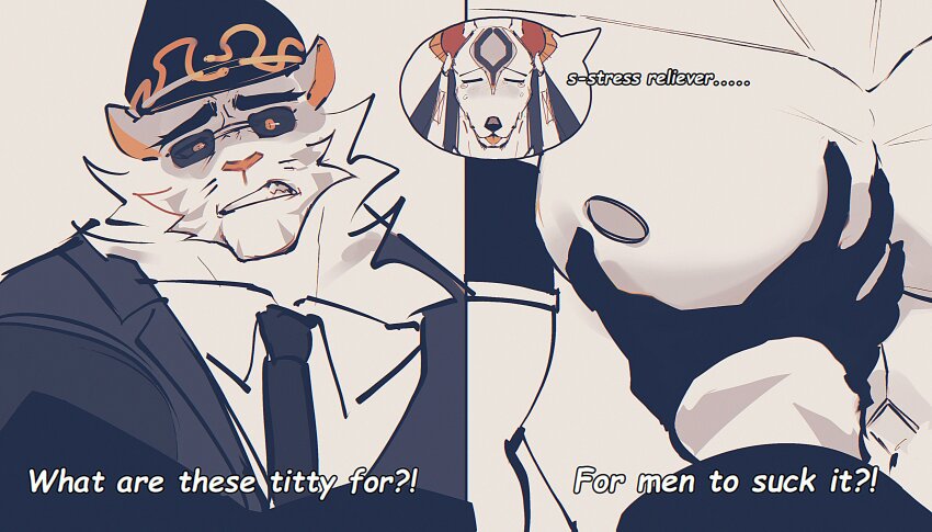 2boys, absurdres, animal_ears, artist_name, bara, black_coat, black_hat, animal_nose, clenched_teeth, closed_eyes, coat, collarbone, commentary, daru808080, dislyte, drew_(anubis)_(dislyte), drew_(meta_anubis)_(dislyte), english_commentary, english_text, fingerless_gloves, furry, furry_male, gloves, hat, heart, highres, jackal_boy, jackal_ears, jin_qiu_(ru_shou)_(dislyte), looking_at_another, male_focus, multiple_boys, muscular, muscular_male, necktie, nipples, open_mouth, partially_colored, pectorals, speech_bubble, spoken_character, sunglasses, sweatdrop, tears, teeth, tiger, tiger_boy, tiger_ears, tiger_stripes, white_tiger