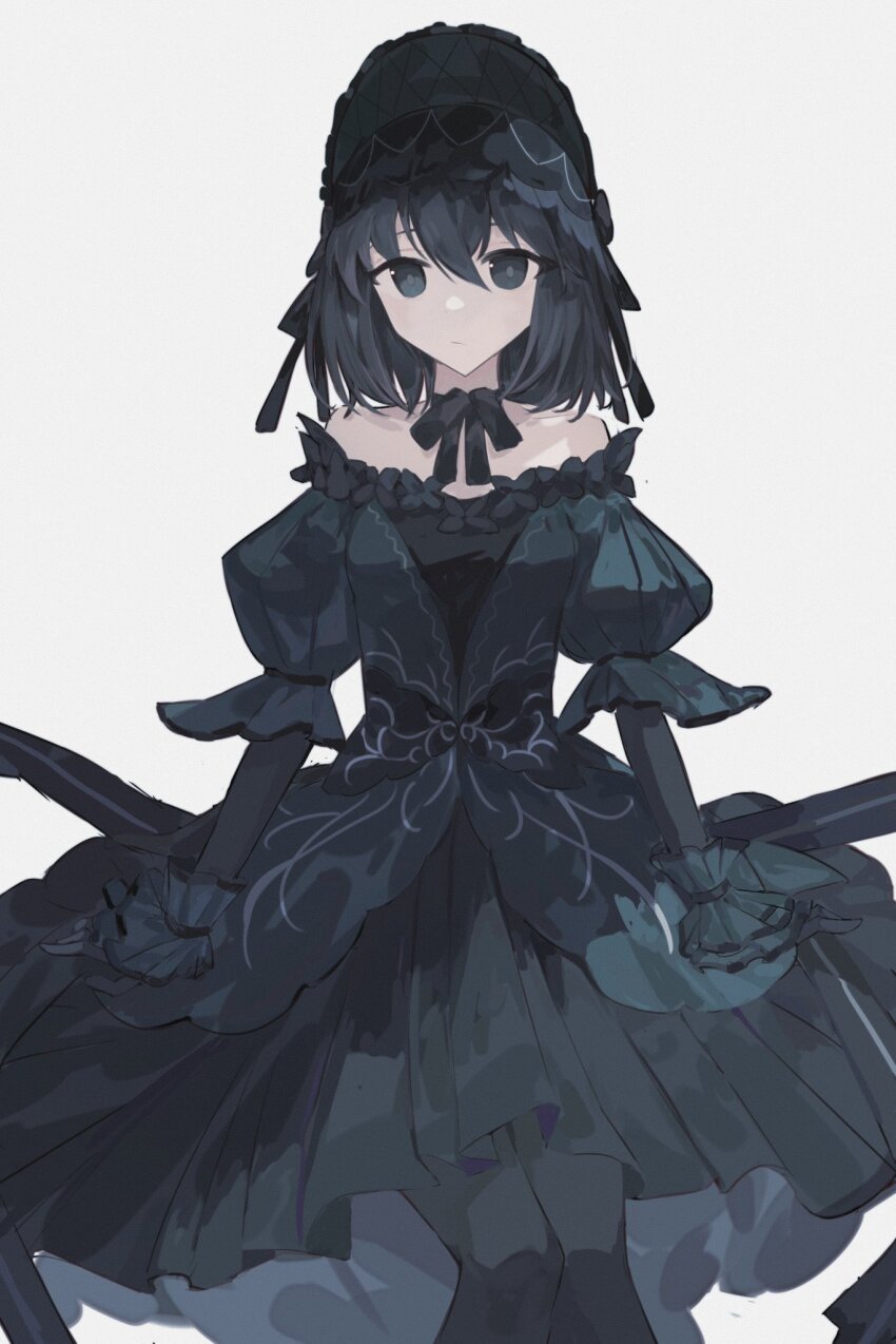 1girl, black_bonnet, black_dress, black_eyes, black_ribbon, black_thighhighs, bonnet, closed_mouth, dongxunyu, dress, fate/grand_order, fate_(series), hair_between_eyes, highres, kuonji_alice, kuonji_alice_(third_ascension), looking_at_viewer, official_alternate_costume, puffy_sleeves, ribbon, simple_background, solo, thighhighs, white_background