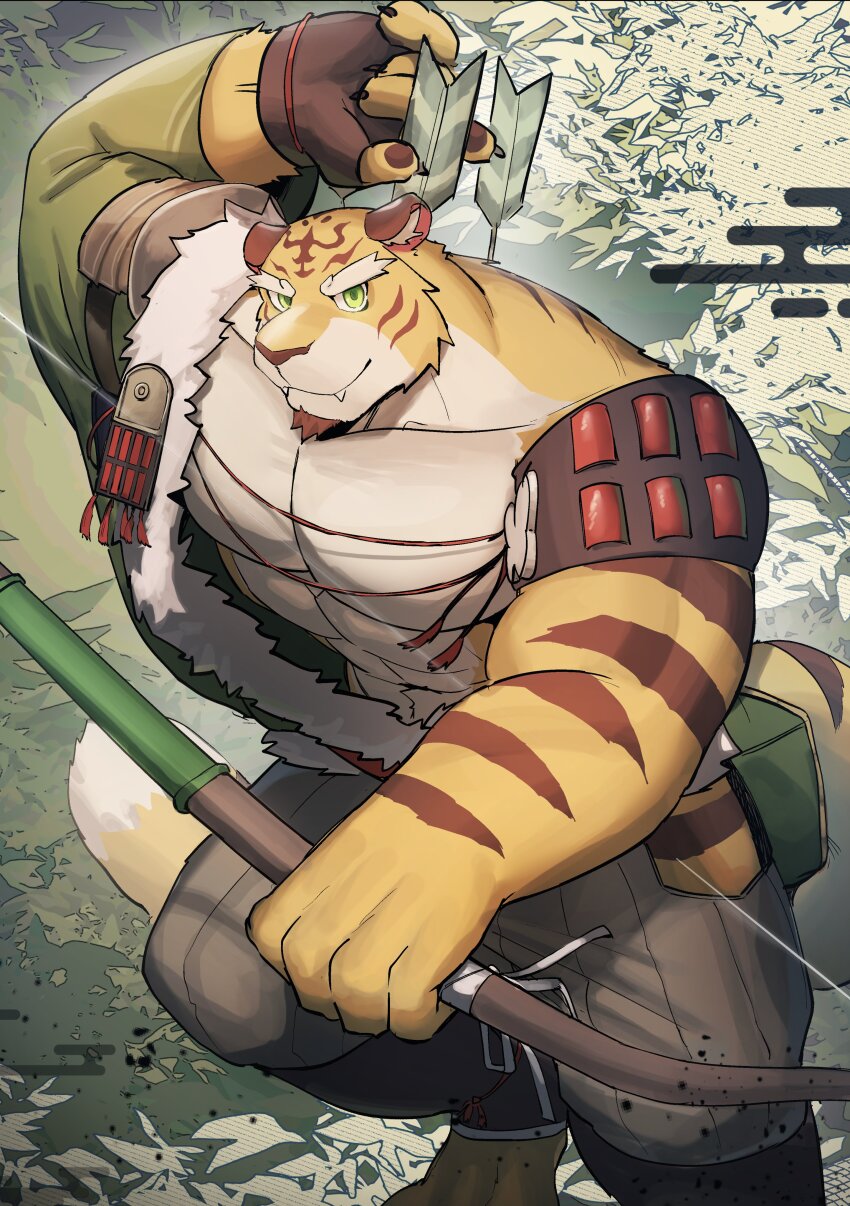 1boy, abs, absurdres, animal_ears, arrow_(projectile), bara, bow_(weapon), commentary, english_commentary, fangs, fangs_out, furry, furry_male, highres, holding, holding_arrow, holding_bow_(weapon), holding_weapon, huto_futon, japanese_clothes, looking_at_viewer, male_focus, muscular, muscular_male, pectorals, smile, tail, taketora_(yasha), tiger_boy, tiger_ears, tiger_stripes, tiger_tail, weapon, yasha_legends_of_the_demon_blade, yellow_fur, yumi_(bow)