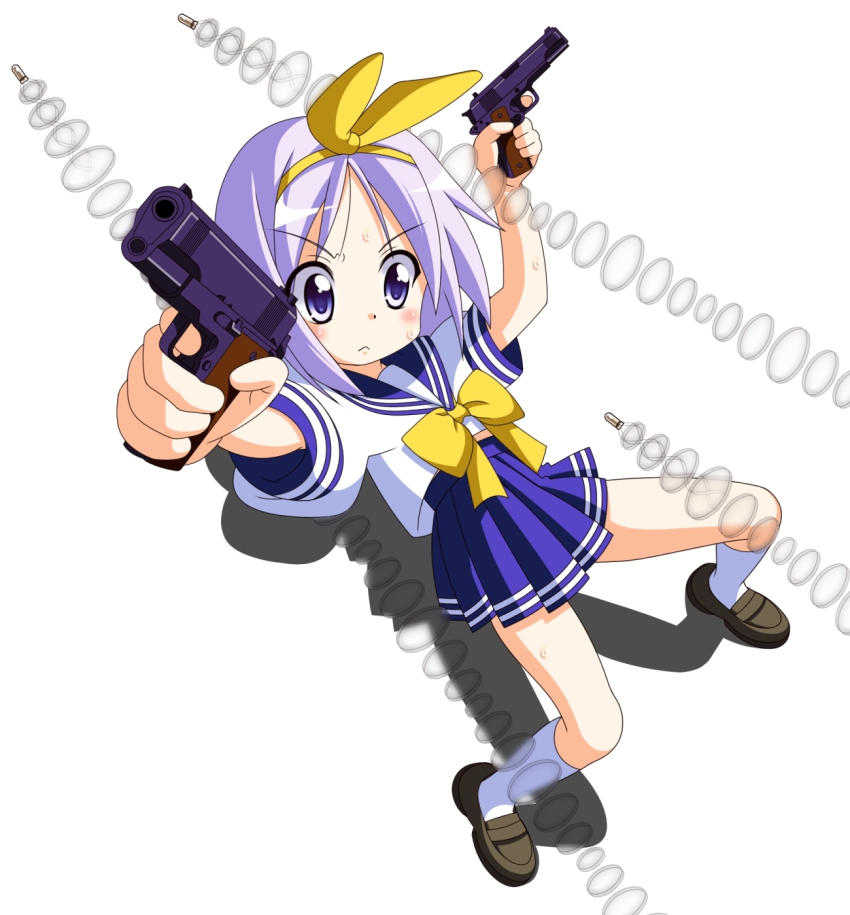 1girl, bullet_time, dual_wielding, female_focus, gun, handgun, highres, hiiragi_tsukasa