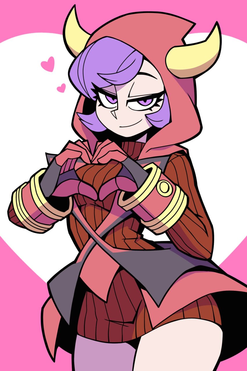 1girl, :d, bean52623818, breasts, brown_sweater, cape, commentary_request, courtney_(pokemon), cowboy_shot, dress, eyelashes, fake_horns, gloves, heart, heart_hands, highres, hood, hood_up, hooded_vest, hoodie, horned_headwear, horns, looking_at_viewer, medium_breasts, nintendo, open_mouth, pokemon, pokemon_omega_ruby_and_alpha_sapphire, purple_eyes, purple_hair, red_cape, red_hoodie, ribbed_dress, short_dress, short_hair, simple_background, smile, solo, sweater, sweater_dress, team_magma, team_magma_uniform, thighs, vanripper_(style), vest