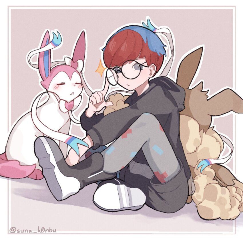 1girl, :<, artist_name, black_hoodie, black_shoes, black_shorts, blue_hair, border, closed_eyes, closed_mouth, eevee_backpack, expressionless, gen_6_pokemon, glasses, highres, hood, hoodie, multicolored_fur, multicolored_hair, multicolored_pantyhose, nintendo, penny_(pokemon), pink_background, pink_fur, pokemon, pokemon_(creature), pokemon_scarlet_and_violet, red_hair, round_eyewear, shoe_soles, shoes, short_hair, shorts, sitting, suna_k0nbu, sylveon, two-tone_background, two-tone_hair, very_short_hair, white_border, white_fur