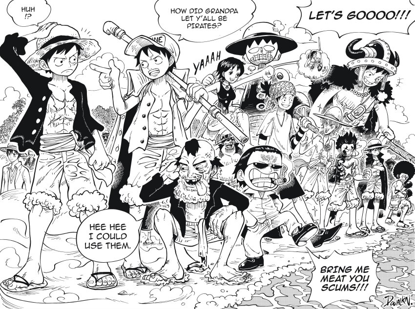 1girl, 6+boys, absurdres, aged_up, alternate_universe, bandana, cigar, dwalkn