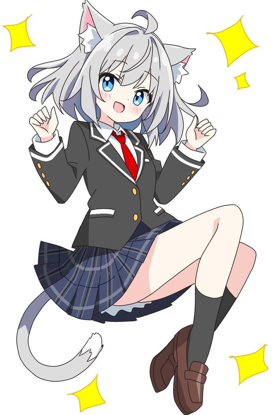 1girl, :d, ahoge, animal_ear_fluff, animal_ears, black_jacket, black_socks, blue_eyes