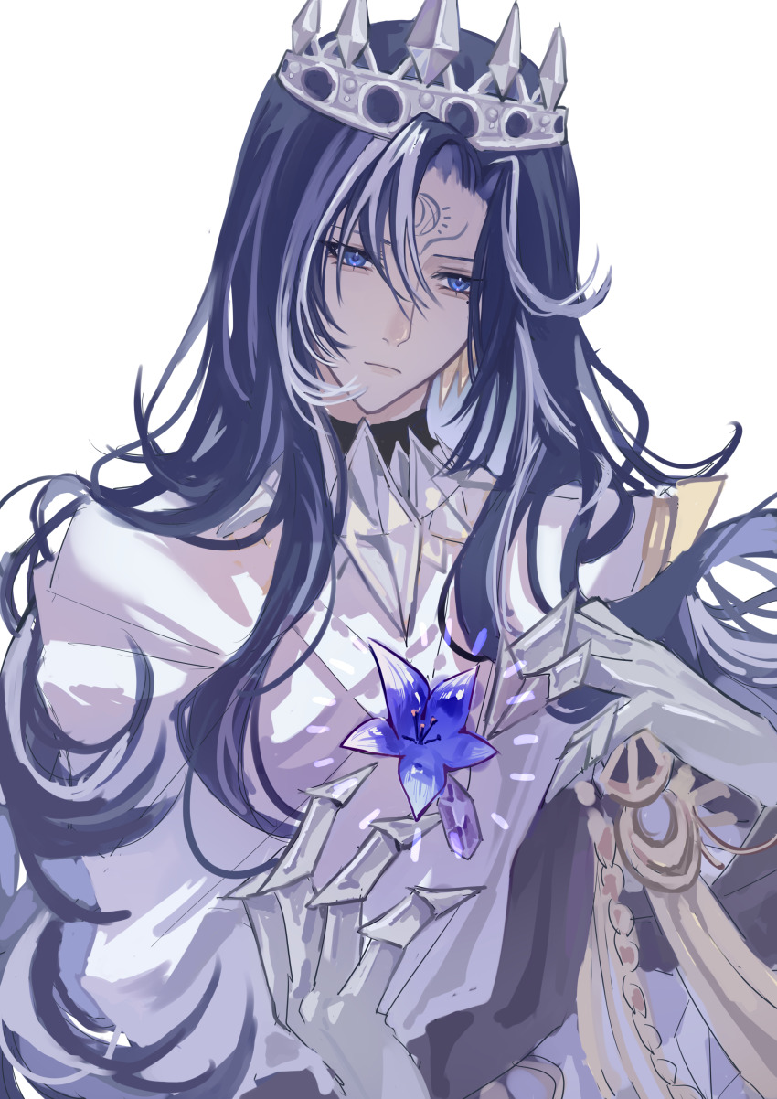 1boy, absurdres, aiguillette, bellflower, black_robe, blue_eyes, blue_flower, blue_hair