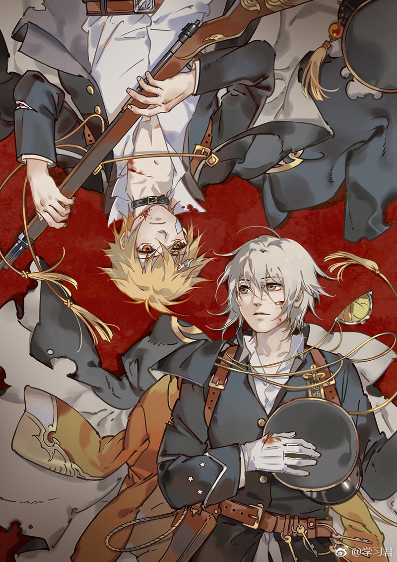 2boys, belt, belt_collar, black_coat, black_collar, black_hat, black_jacket, blonde_hair