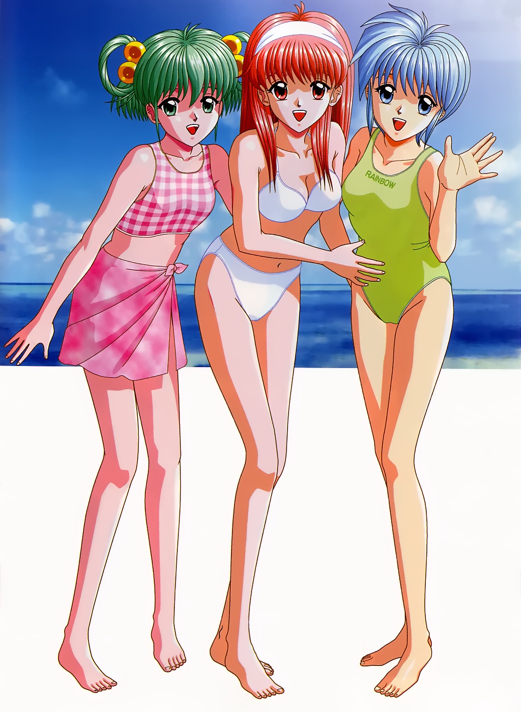 1990s_(style), 3girls, :d, barefoot, bikini, blue_eyes, blue_hair, feet