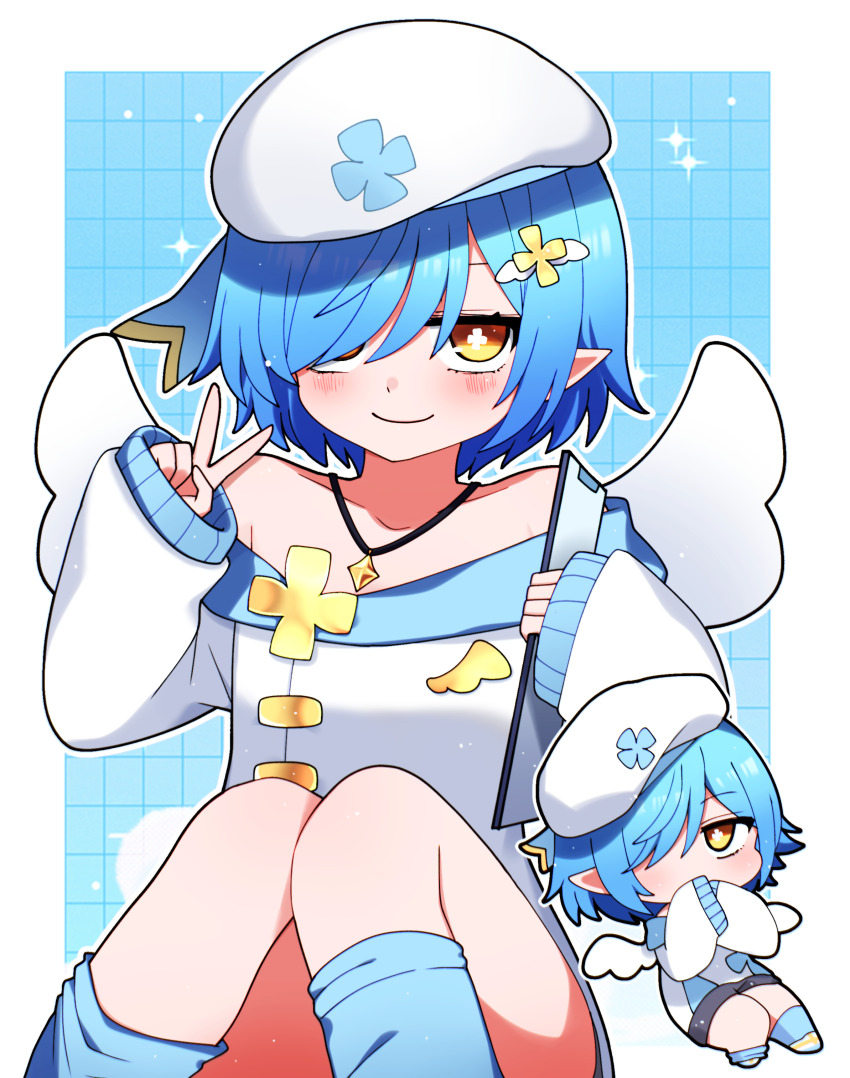 1girl, absurdres, bare_shoulders, black_shorts, blue_background, blue_hair, blue_socks, blush