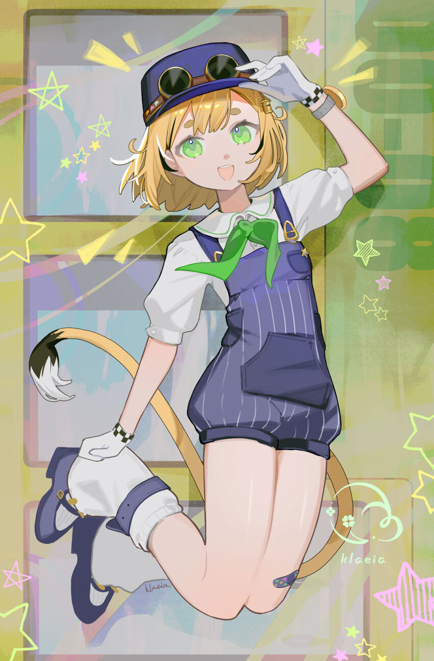 1girl, adjusting_clothes, adjusting_headwear, artist_name, ascot, bandaid, bandaid_on_leg, blonde_hair