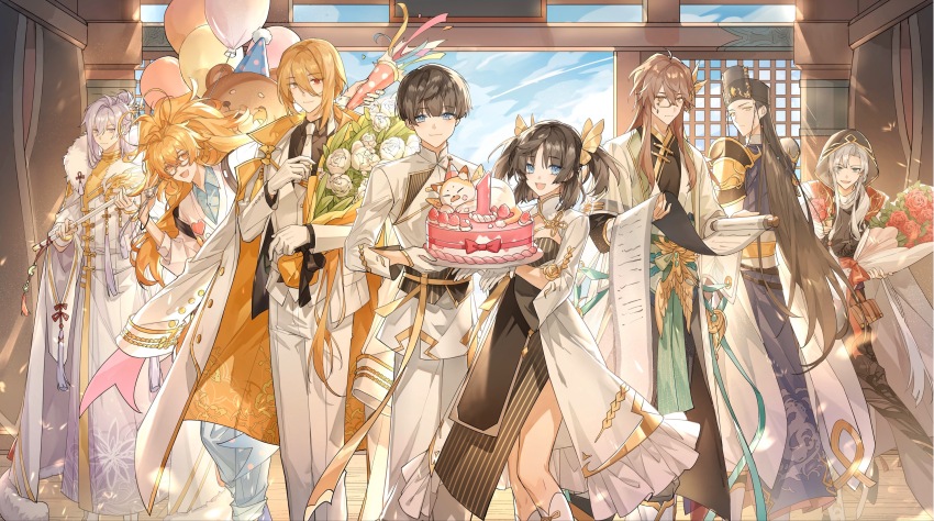1girl, 6+boys, :d, adjusting_clothes, adjusting_necktie, antenna_hair, aqua_eyes, architecture, armor, badge, balloon, belt_pouch, bespectacled, black_dress, black_hair, black_hat, black_robe, black_sash, black_shirt, blue_eyes, blue_robe, blue_shirt, boneless_carp_(the_tale_of_food), bouquet, bracelet, brown_hair, buddha's_temptation_(the_tale_of_food), butterfly_hair_ornament, button_badge, cake, candle, cardigan, cat, center-flap_bangs, changpao, chinese_clothes, chinese_commentary, cloak, closed_mouth, coat, coat_on_shoulders, collared_shirt, confetti, crossed_bangs, curtained_hair, day, denim, door, double-parted_bangs, dress, e_(h798602056), east_asian_architecture, east_longan_pearls_(the_tale_of_food), expressionless, feet_out_of_frame, female_master_(the_tale_of_food), flower, flute, food, formal_clothes, fruit, fur-trimmed_cloak, fur_trim, futou, geely_shrimp_(the_tale_of_food), glasses, gloves, gold_trim, green_sash, grey_eyes, hair_between_eyes, hair_bun, hair_flower, hair_ornament, hair_over_shoulder, hair_stick, half_updo, hanfu, hat, heart_antenna_hair, heterochromia, highres, holding, holding_balloon, holding_bouquet, holding_flower, holding_flute, holding_instrument, holding_party_popper, holding_plate, holding_scroll, hood, hood_up, incoming_gift, indoors, instrument, jacket, jeans, jewelry, layered_sleeves, leaning_forward, long_bangs, long_hair, long_sleeves, looking_at_viewer, looking_back, low-tied_sidelocks, low_ponytail, lu_wu_(the_tale_of_food), male_master_(the_tale_of_food), medium_hair, monocle, multiple_boys, necktie, number_candle, official_alternate_costume, open_clothes, open_coat, open_jacket, open_mouth, orange_eyes, orange_hair, pants, parted_bangs, party_popper, pinstripe_dress, pinstripe_pattern, plate, ponytail, pouch, purple_eyes, purple_hair, red_eyes, red_flower, red_rose, robe, rose, sash, scroll, see-through_clothes, see-through_sleeves, shirt, short_hair, short_over_long_sleeves, short_sleeves, shoulder_armor, sidelocks, single_hair_bun, smile, standing, strawberry, stuffed_animal, stuffed_toy, suit, suit_jacket, tassel, teddy_bear, the_tale_of_food, three-quarter_sleeves, tie_clip, tower_of_delicacy_(the_tale_of_food), two-sided_coat, two-sided_fabric, two-sided_jacket, two_side_up, vest, white_cardigan, white_cloak, white_coat, white_flower, white_gloves, white_hair, white_jacket, white_necktie, white_pants, white_robe, white_rose, white_suit, white_vest, wide_ponytail, wide_sleeves, wing_hair_ornament, wing_ornament, yellow_coat, yellow_eyes, yipin_pot_(the_tale_of_food), yuanlingpao
