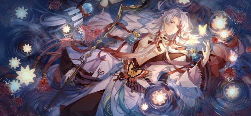 1boy, afloat, bell, bug, butterfly, butterfly_ornament, chinese_clothes, chinese_commentary