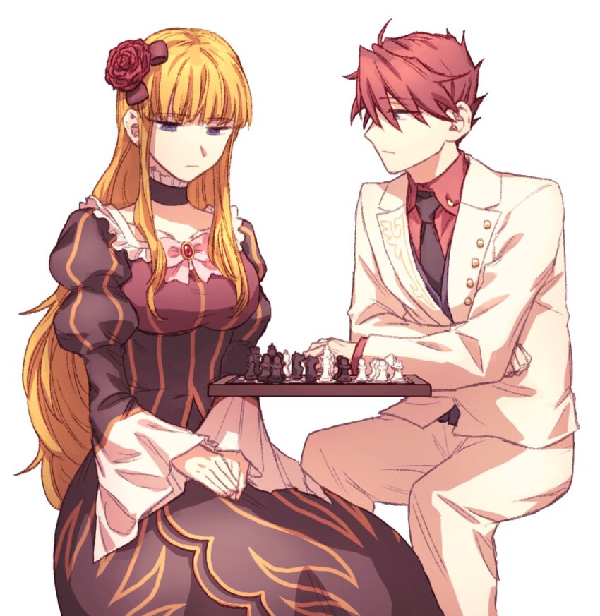 1boy, 1girl, beatrice_(umineko), black_dress, blonde_hair, blunt_bangs, board_game, breasts