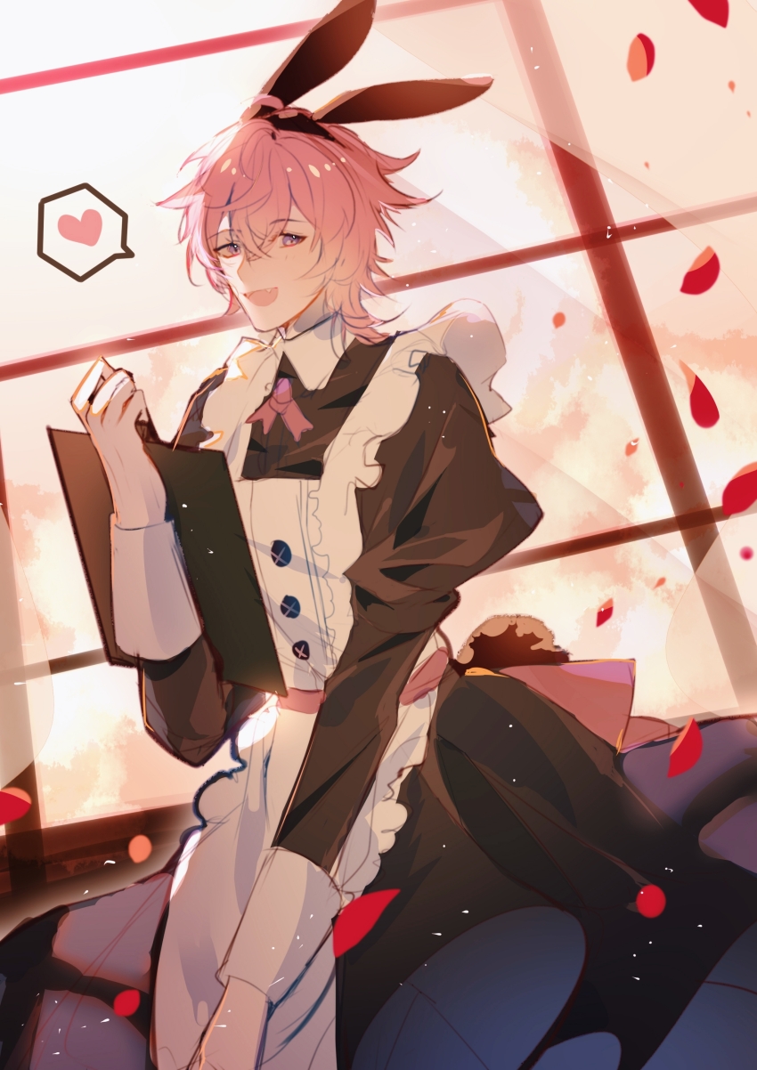 1boy, :d, absurdres, animal_ear_hairband, animal_ears, apron, back_bow, black_dress