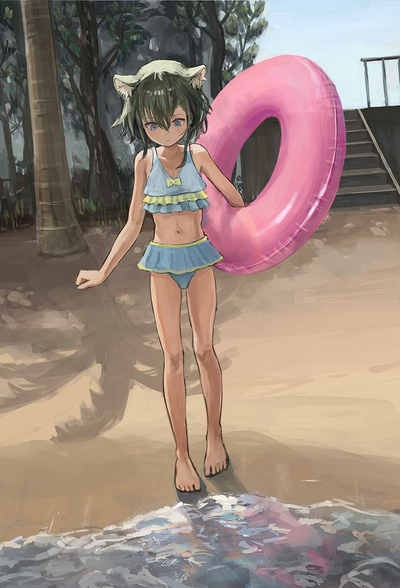 1girl, animal_ear_fluff, animal_ears, bare_arms, bare_legs, bare_shoulders, barefoot, beach