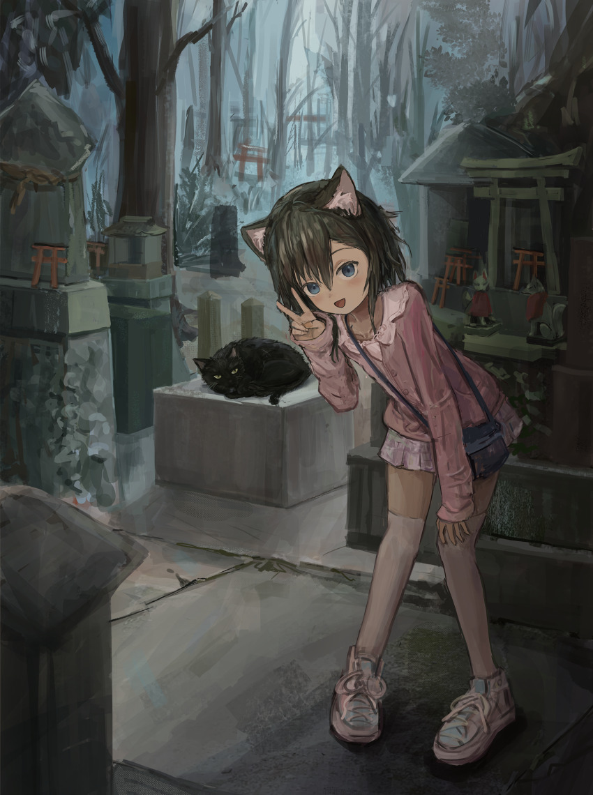 1girl, :d, animal_ear_fluff, animal_ears, bag, black_cat, blue_bag, blue_eyes